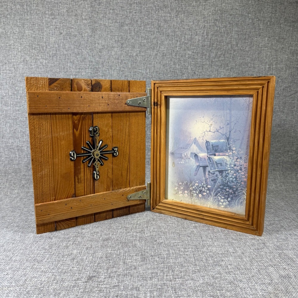 VTG Andre LeBlanc Wood Shutter Wall Clock Picture Hinged Frame Rustic Farmhouse